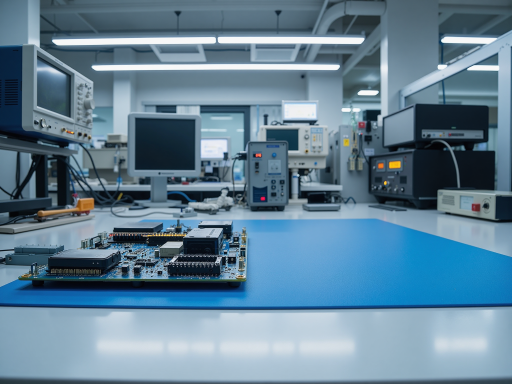 Analog integrated circuits and signal processing chips on clean laboratory table, showing precision measurement components