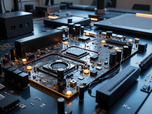 Specialized integrated circuits and custom chips on engineering workstation, showing advanced semiconductor designs